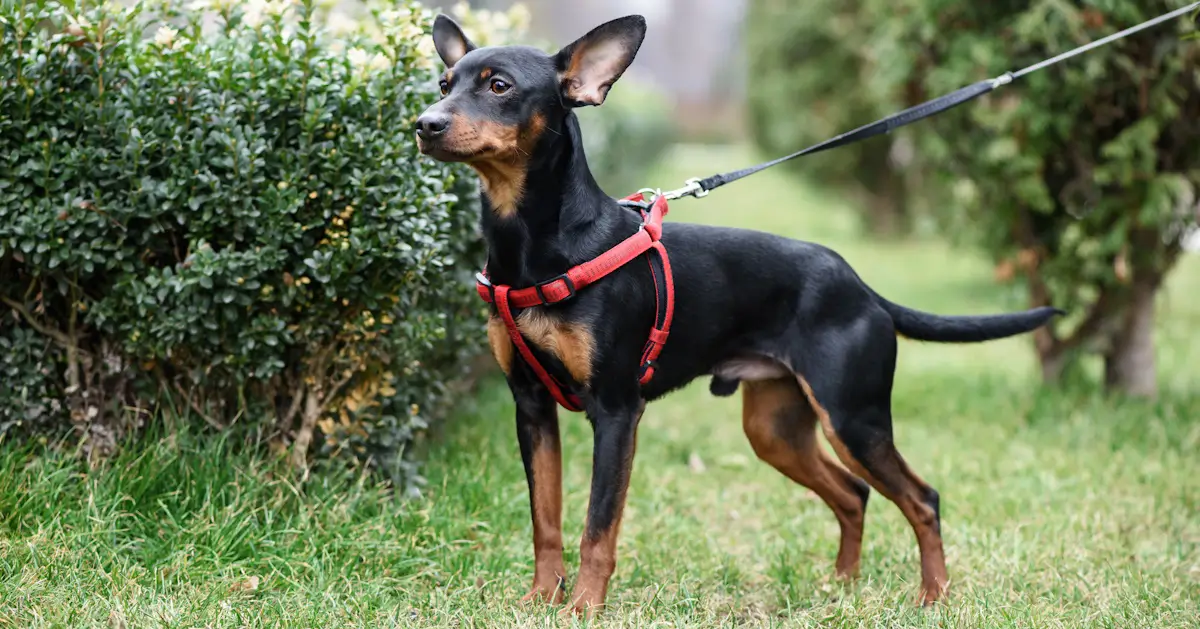 Black and tan dog on leash outdoors.