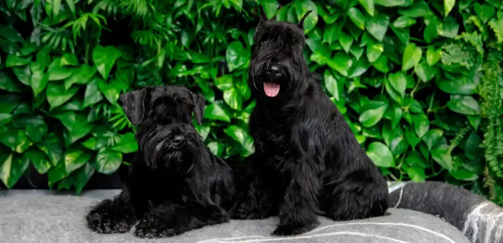 Two black Scottish Terriers against green leaf background.