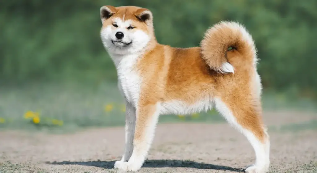 Akita dog standing outdoors with tail curled.