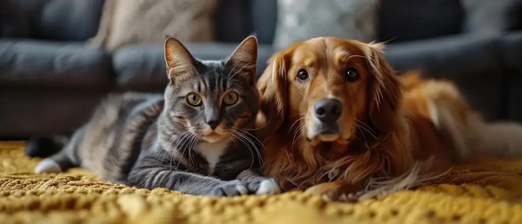 Cat and dog lying together on a yellow rug.