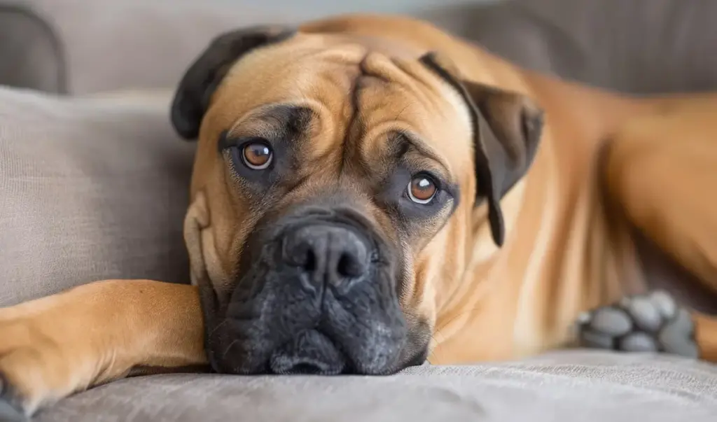 Bullmastiff dog resting on couch with soulful eyes.