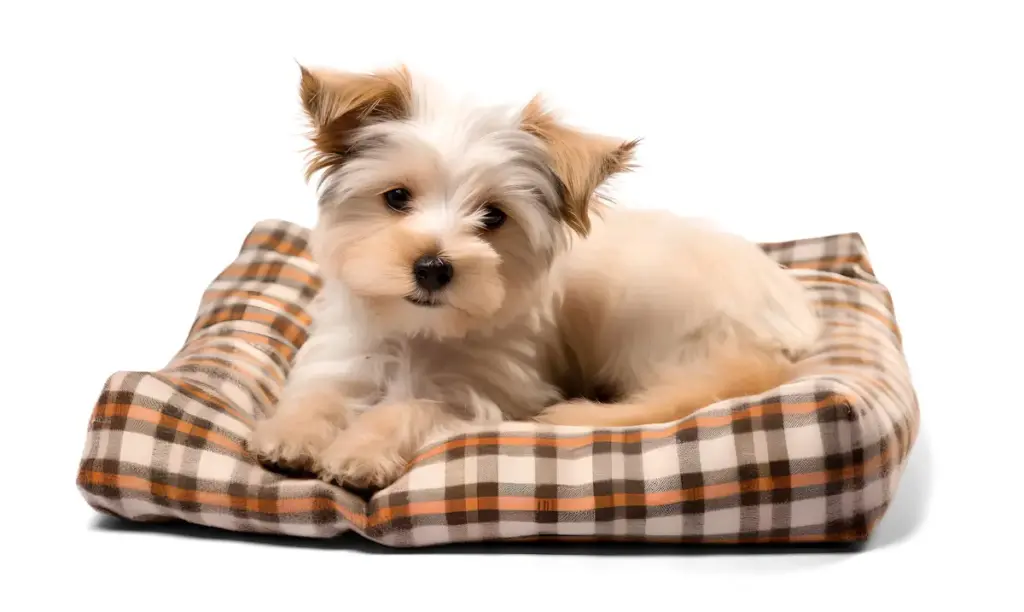 Small dog on a plaid dog bed.