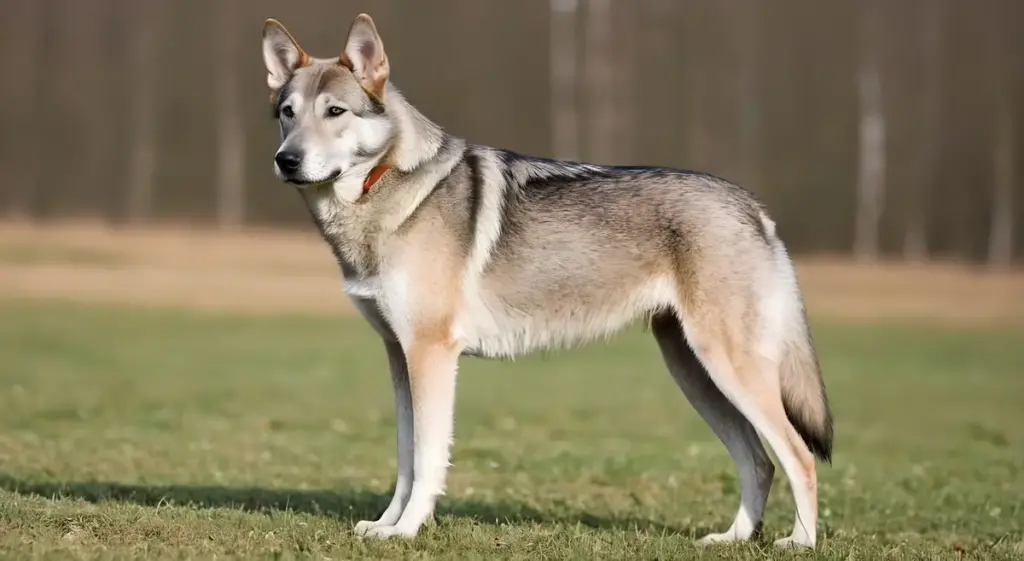 Alert Siberian Husky standing in field.