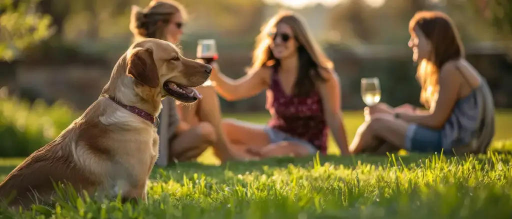 Friends and dog enjoying sunset picnic with wine.