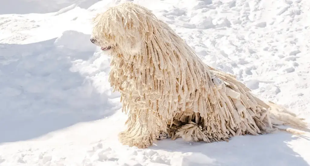Komondor dog sitting in snow.