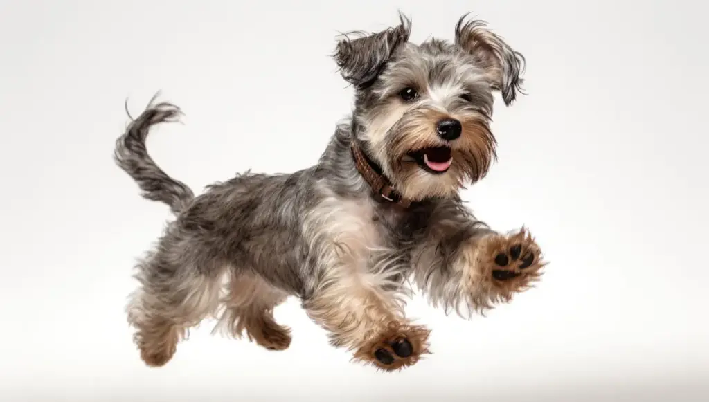 Joyful Schnauzer puppy mid-jump on white background.