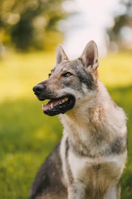 Alert wolf in sunny green meadow.