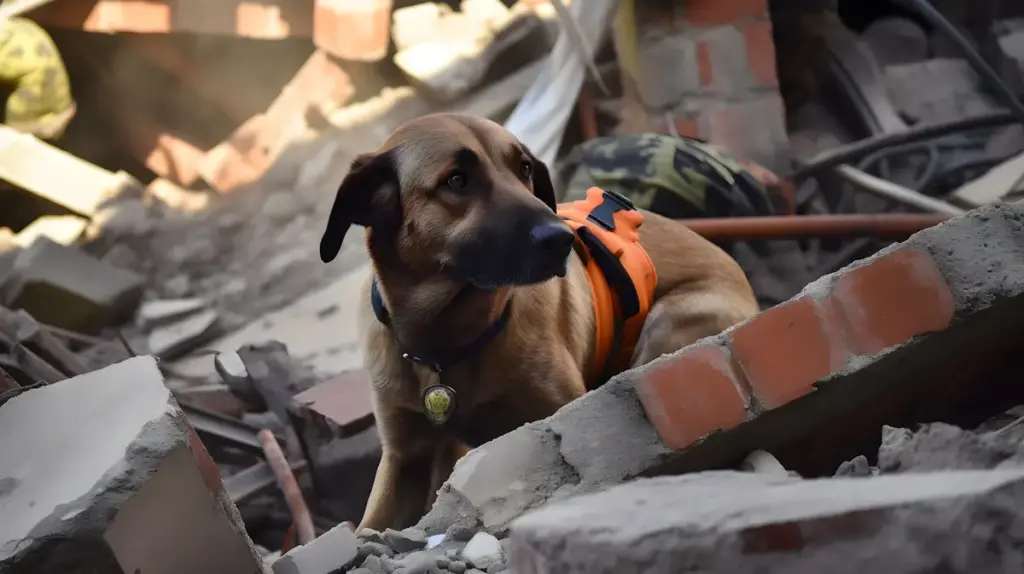 Search and rescue dog amid rubble.