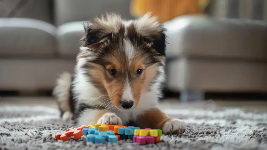 Puppy playing with colorful puzzle pieces.